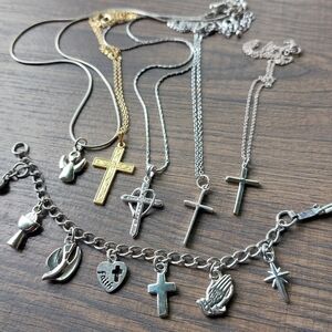 5 + 1 Vintage Cross + Angel Religious Pendant Necklaces/Small Charm Bracelet Lot